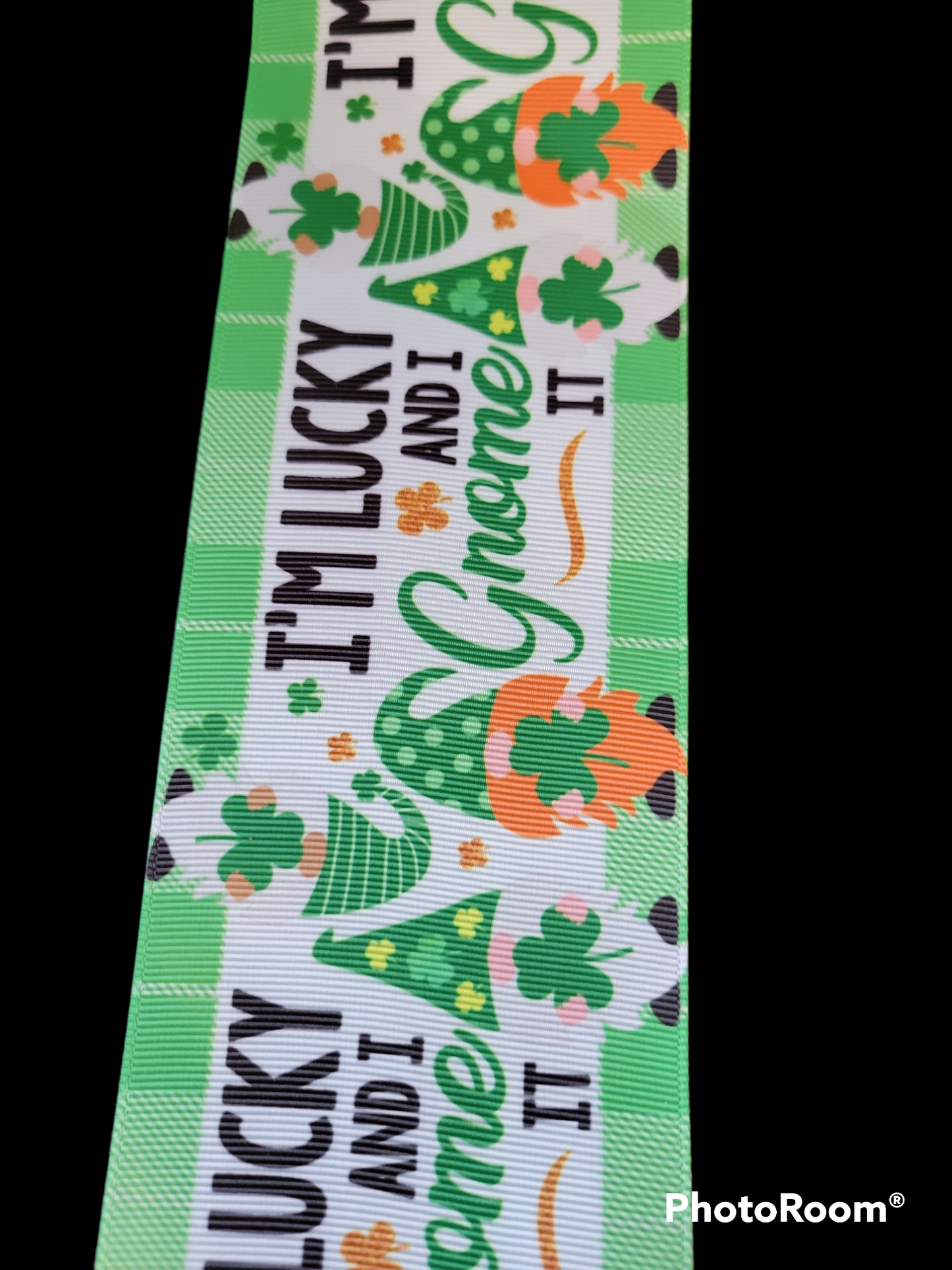 Gnomes' grosgrain ribbon with words I'm Lucky and I Gnome it" - Sold by the Yard