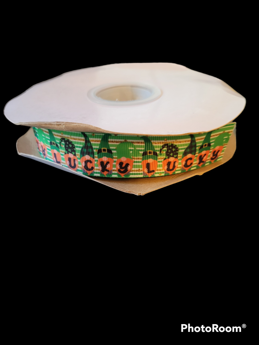 Gnomes holding the letters spelling the word Lucky grosgrain ribbon - Sold by the Yard