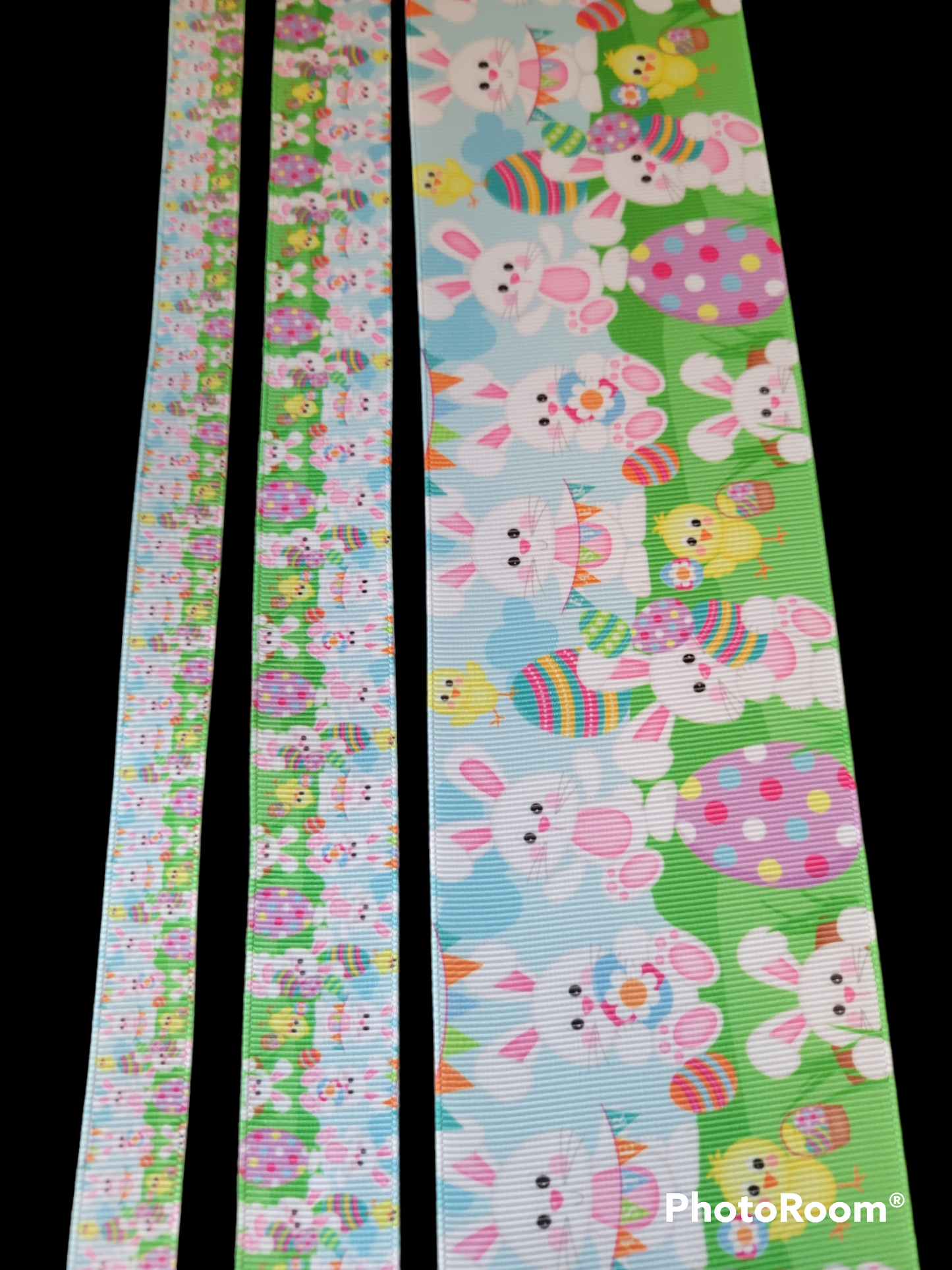 Bunnies holding eggs grosgrain ribbon - Sold by the Yard