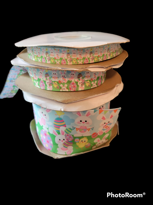 Bunnies holding eggs grosgrain ribbon - Sold by the Yard