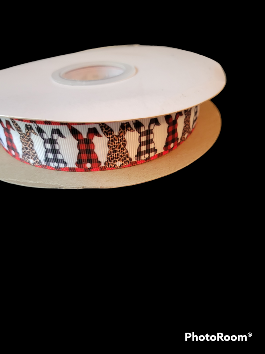 Plaid and Leopard Bunnies grosgrain ribbon - Sold by the Yard