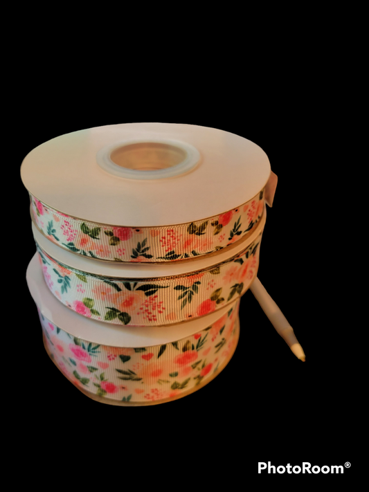 USDR Pink Flower grosgrain ribbon - Sold by the Yard