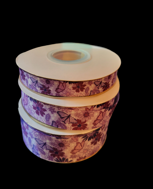 USDR Purple Flower grosgrain ribbon - Sold by the Yard